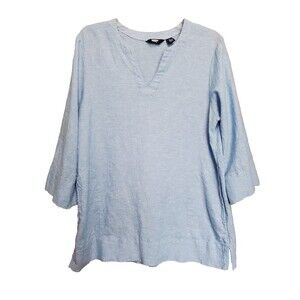 Lands' End Blue Linen Blend V-Neck 3/4 Sleeve Pocket Tunic Size Medium Beachy